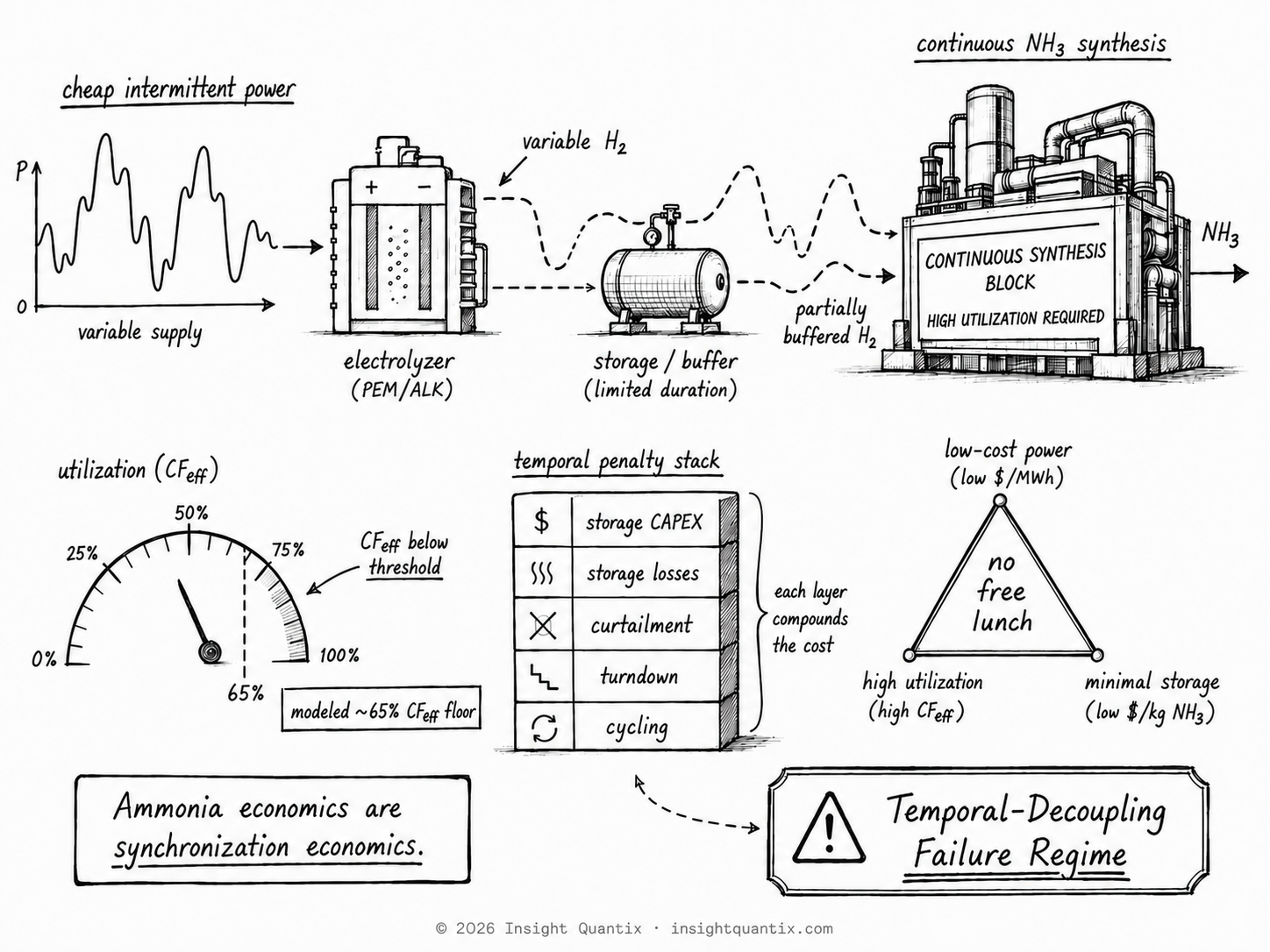 Conceptual diagram showing intermittent hydrogen production feeding continuous ammonia synthesis and the resulting clean ammonia parity boundary