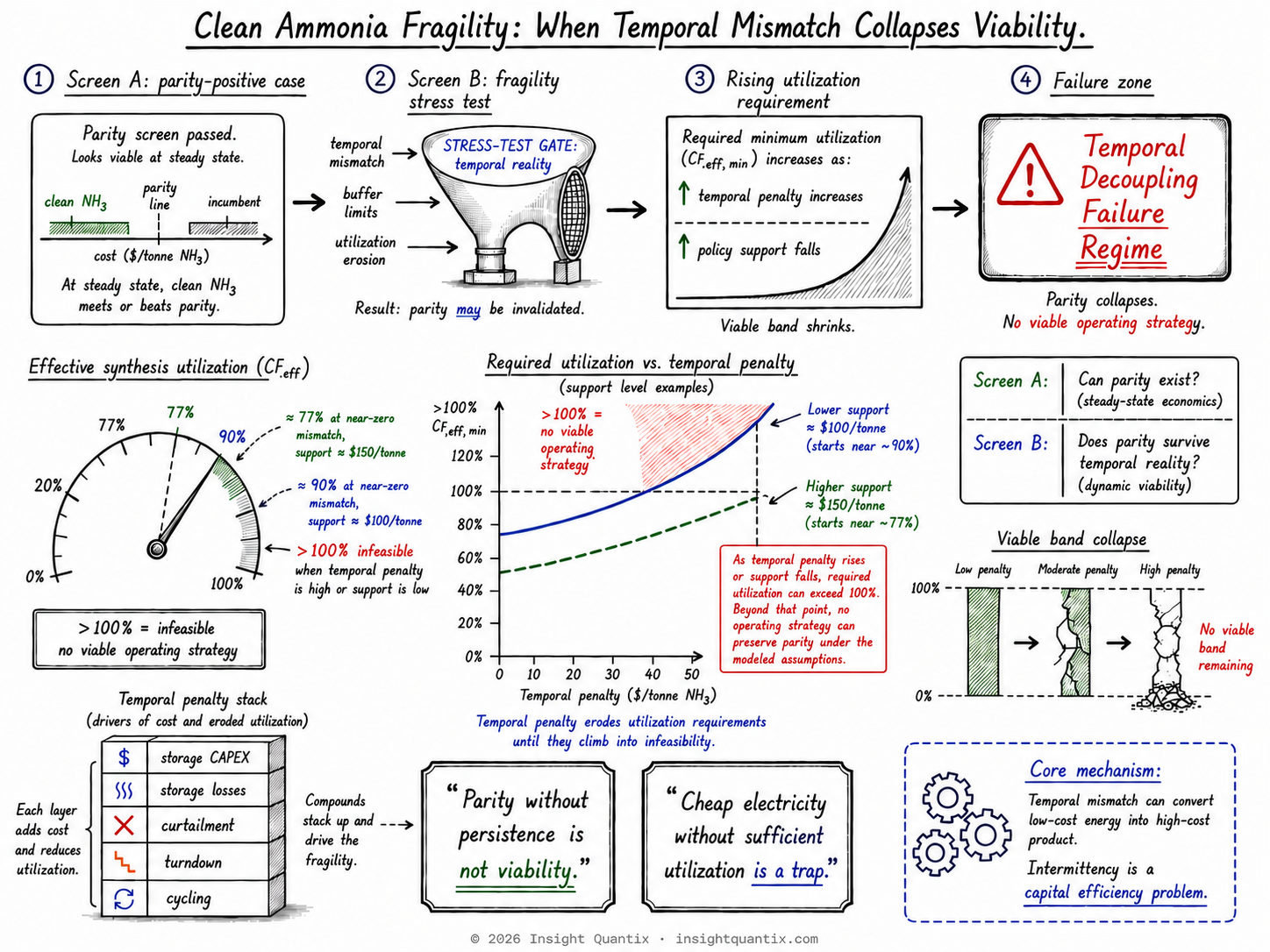 Conceptual diagram showing how temporal mismatch and declining support can collapse a parity-positive clean ammonia case