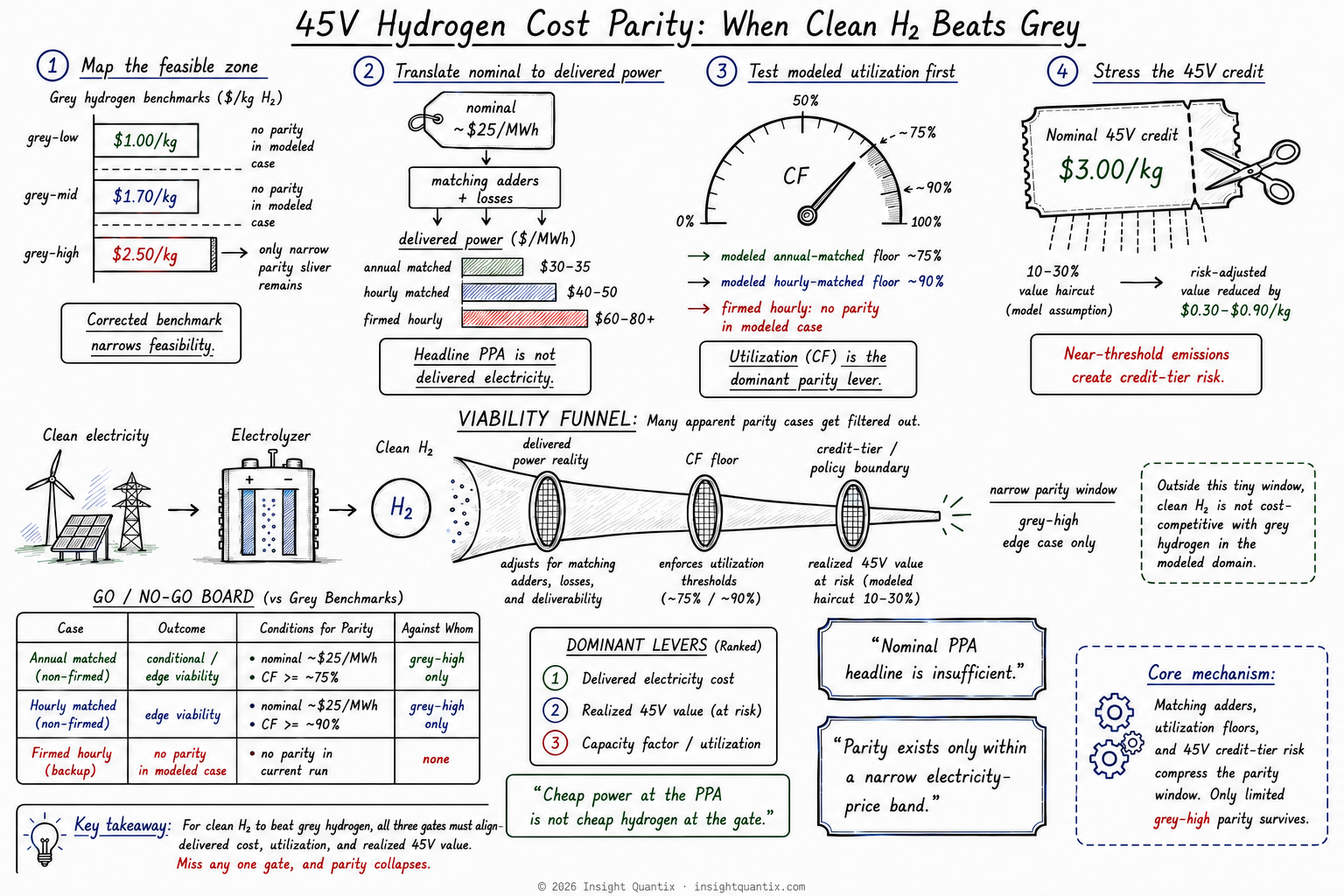 Visual abstract showing the delivered-electricity, utilization, and 45V-credit conditions that constrain clean hydrogen cost parity with grey hydrogen